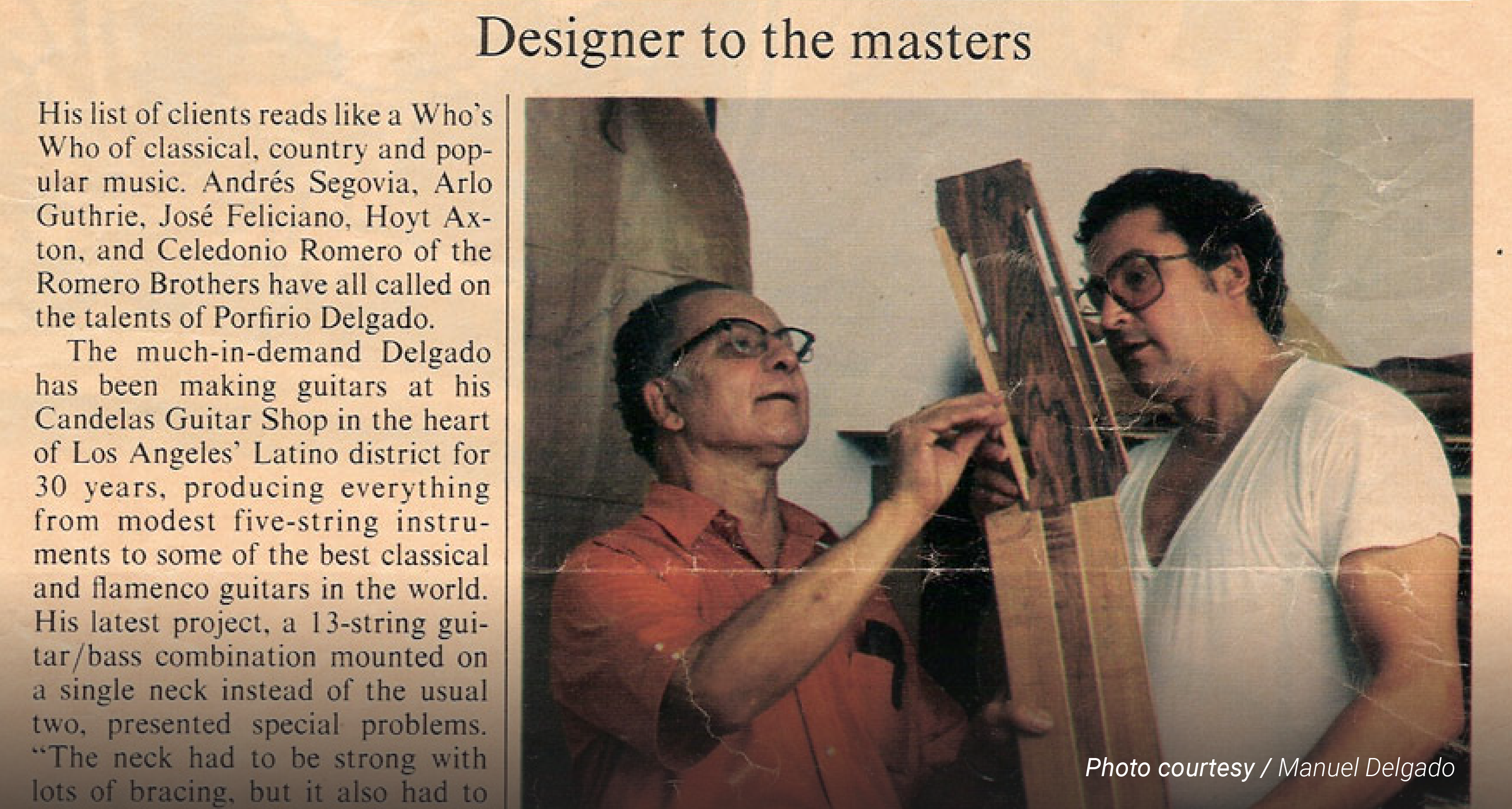 Porfirio Delgado and Candelario Delgado working on the design of a 13-string concert classical guitar